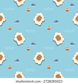 Urso na nuvem cartoon tão fofo. No navio onda baleia fundo azul. Ilustração de vetor uniforme de padrão. 