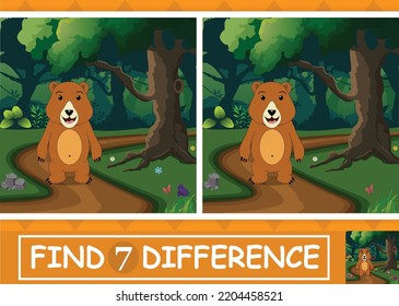 Oso en un bosque profundo. Encuentra 7 diferencias. Juego educativo para niños. Juego de actividad infantil Dibujo vectorial de dibujos animados

