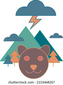 Bear on the forest, different colors and elements like trees, mountains and clouds, editable stroke, colorful design, vector illustration.