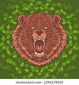 Bear on a green foliage background. Scary head. The predatory beast growls. Wildlife animal. Vector art illustration hand drawn. Design for print, logo