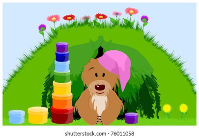 Bear on a green meadow sitting in his den, surrounded by boxes of gifts