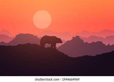 Bear on hills in morning Silhouette beautiful landscape illustration.