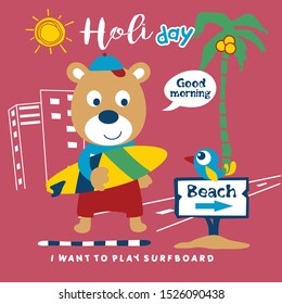 bear on holiday in the beach funny animal cartoon,vector illustration