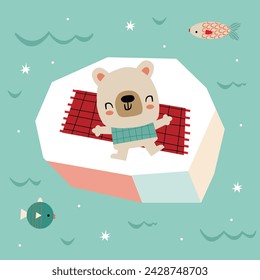 Un oso en el hielo yace en una manta, los peces nadan alrededor. Ilustración infantil para calendario de adviento o póster.