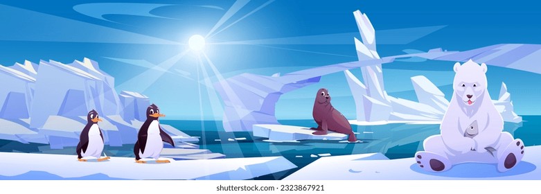 Bear on iceberg near penguin and seal arctic landscape. Frozen ice in winter with animal background. Cold icy ocean water near frost mountain fantasy game scene cartoon illustration of sunny day. svg