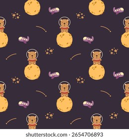 Bear on the moon cartoon so cute. On airplane star meteor background. Pattern seamless vector illustration. 