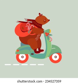 Bear on a moped. Merry Christmas. Set icon. Illustration.