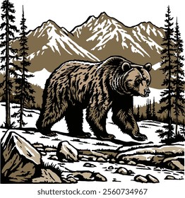 bear on the mountain forest vintage artwork