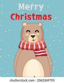 Bear on a New Year's card. Happy birthday and new year. Flat style. A funny and contented animal in a scarf on the street in winter. Snowfall. 2022 year. Blue background. Christmas Eve. Stock Vector.