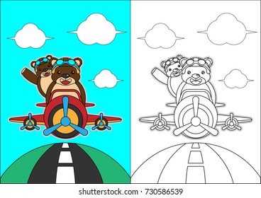 bear on the plane vector cartoon for coloring book or page