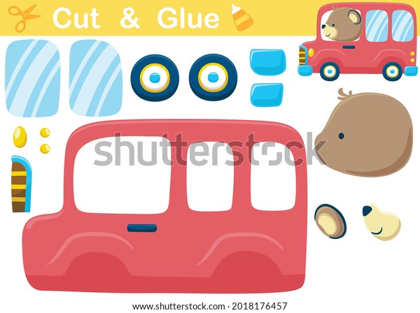Bear on red bus. Education\
paper game for children. Cutout and gluing. Vector cartoon\
illustration