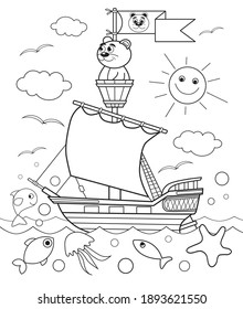 Bear on a sailing ship coloring book for children