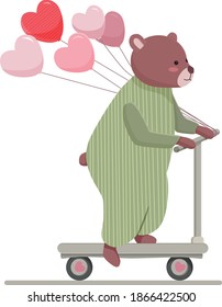 Bear on a scooter with balls. Valentine's day card with a bear. Vector illustration drawn by hands.