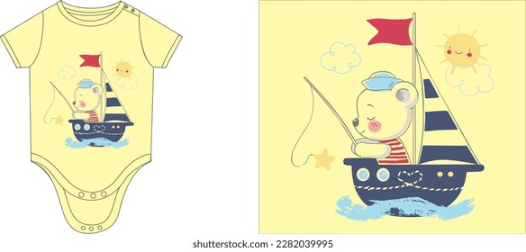 bear on ship fishing graphic design vector