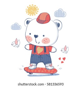  bear on a skateboard/hand drawn vector illustration/can be used for kid's or baby's T-shirt print design/fashion graphic/ kids wear/ baby shower card/celebration card/ greeting card/invitation card.