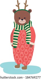 Bear on skates. Bear in red clothes with antlers of a deer. Christmas image. Vector illustration