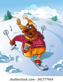 Bear on Ski.
The Bear goes on ski with mountains. He has lost one ski and he yells from fear.