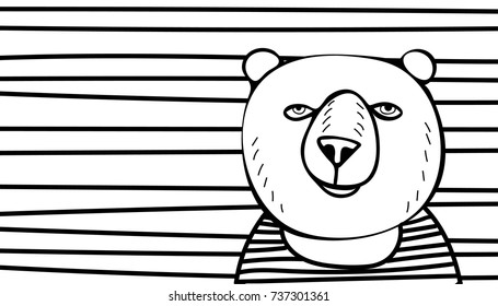 Bear on a striped background. Humanized animal. Cartoon character. Vector doodle.