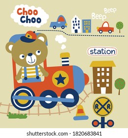bear on the train funny animal cartoon,vector illustration