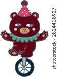 Bear on unicycle illustration. Circus performer clipart. Perfect for stickers, invitations, posters, party decorations, stationery and printable designs.