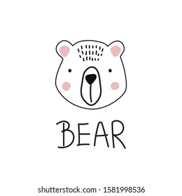 Bear on white background, Scandinavian style. Vector illustration for printing on fabric, postcard, dishes, packaging, clothing. Cute baby background.