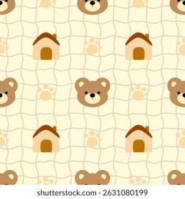 Oso sobre fondo amarillo, a cuadros, patrón de tela, papel de regalo, patrón transparente 
