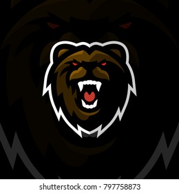 Bear with open mouth. Mascot logo design for sports team. Bear vector sticker illustration. Icon element for template.
