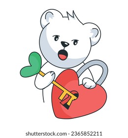 Bear opening heart lock with key, flat sticker 