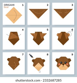 Bear origami scheme tutorial moving model. Origami for kids. Step by step how to make a cute origami bear. Vector illustration.