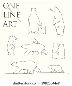 Bear outline. Linear animal contour set. Continuous single line