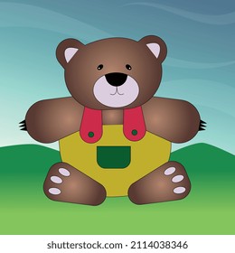 A bear in overalls is sitting on the grass, the sky is blue. Vector image of a cute character.