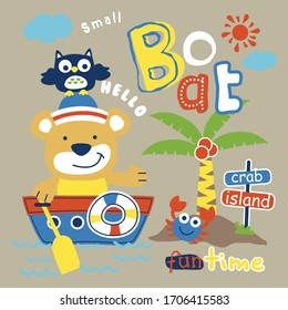 bear and owl on the small boat funny animal cartoon,vector illustration