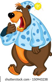 Bear in pajamas covers mouth with his paw