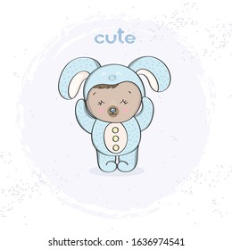 Сute bear in pajamas in the form of a bunny is going to sleep. Vector.