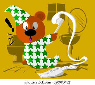 Bear in pajamas is spreading toothpaste
