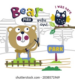 bear palying with owl in the garden funny animal cartoon