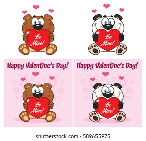 Bear And Panda Cartoon Mascot Character Holding A Valentine Love Heart. Vector Collection Set Isolated On White Background