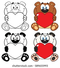 Bear And Panda Cartoon Mascot Characters Holding A Valentine Love Heart. Vector Collection Set Isolated On White Background