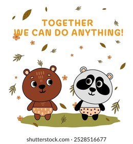 Bear and panda, cute animals. Friendship forever. Vector illustration, flat design on white background.