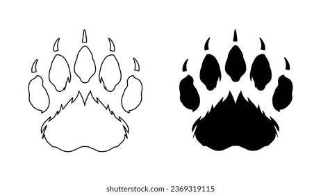 Bear or panda furry paw footprint with claws. Silhouette, contour. Icon. Black Vector isolated on white. Grizzly wild animal paw print icon, symbol. Print, textile, postcard, booklet, pet store, zoo