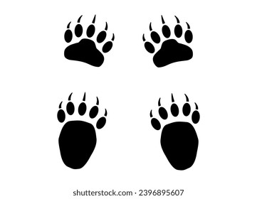 Bear or panda furry paw footprint with claws. Silhouette, contour. Icon. Vector isolated on white. Black and white. Grizzly wild animal paw print icon and symbol. Print, textile, postcard, pet store