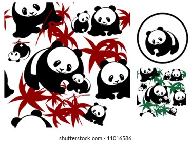 Bear panda mother and young  and bamboo leaves isolated on a white background VECTOR (See Jpeg Also In My Portfolio)