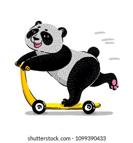 bear panda on scooter. Cute bear scooter vector design. animal illustration. T shirt graphic.