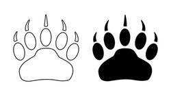 Bear Or Panda Paw Footprint With Claws. Silhouette, Contour. Icon. Vector Isolated On White. Black And White. Grizzly Wild Animal Paw Print Icon And Symbol. Print, Textile, Postcard, Booklet, Pet Stor