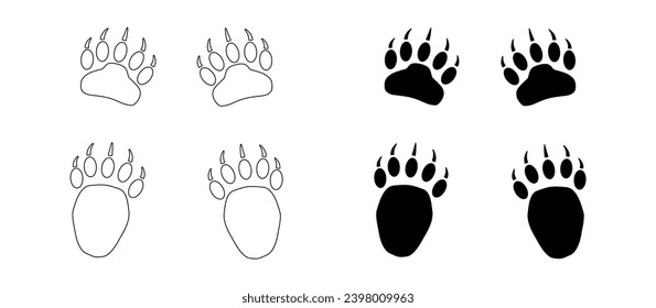 Huellas de pata de oso o panda con garras. Silhouette y Contour. Ilustración vectorial negra aislada en fondo blanco. Icono de la impresión de pata de animales salvajes. Para postal, folleto, tienda de mascotas, textiles