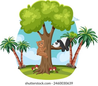 Bear and panda playing around a large tree.