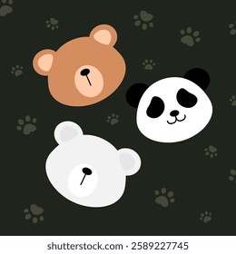 Bear, panda and polar bear cute cartoon vector with paws and dark background. Cute animal illustration for wallpaper, and print