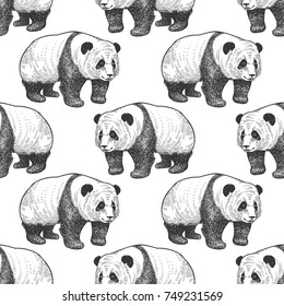 Bear Panda. Seamless pattern with animals of China. Hand drawing of wildlife. Vector illustration art. Black and white. Old engraving. Vintage. Design for fabrics, paper, textiles, fashion.