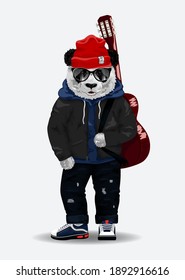 Bear panda toy in sunglasses carrying guitar. Design for t shirt. Vector illustration EPS10