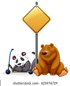 Bear and panda under the yellow sign illustration